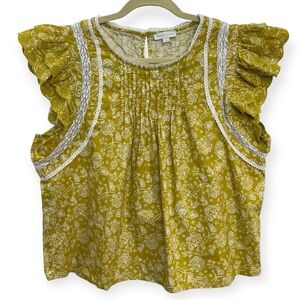 Jennifer Grace Women’s Mustard Floral Ruffle‎ Sleeve Blouse Size L *272